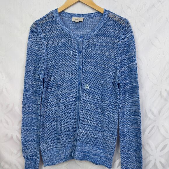 Ann Taylor LOFT Open Knit Button Up Cardigan Space Blue Sweater NWT - Picture 2 of 8